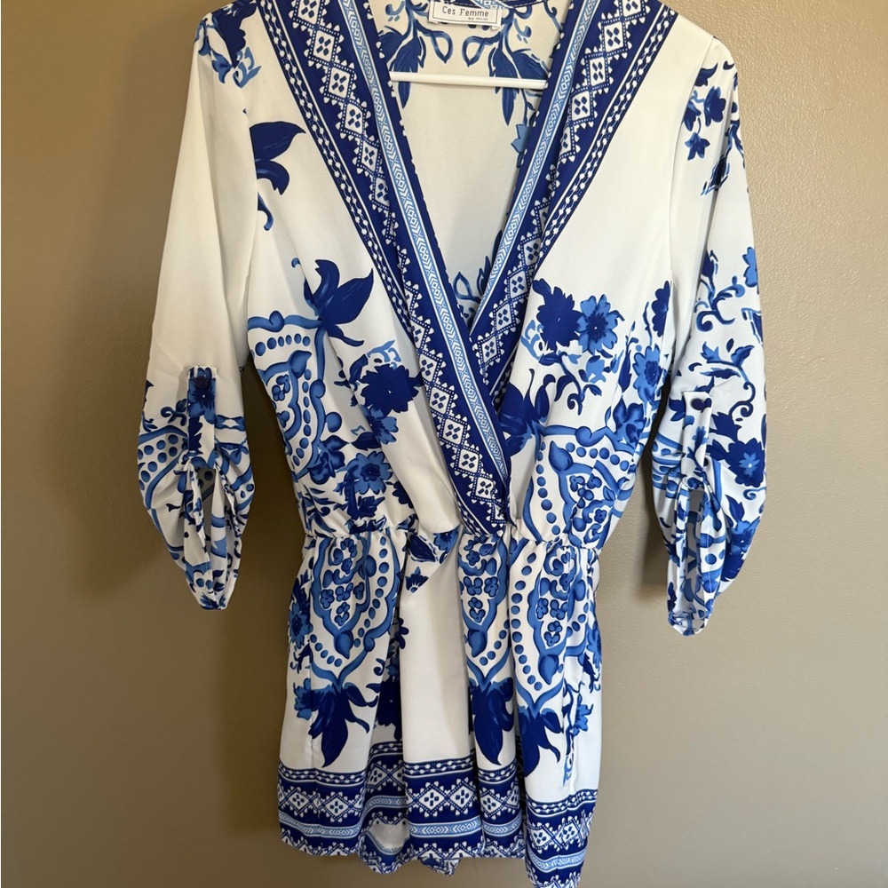 Cynthia Rowley Blue and White Floral Wrap Top
